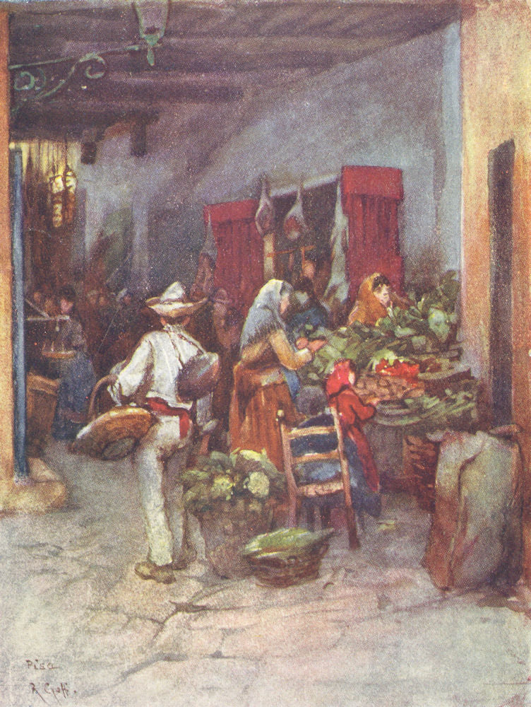 PISA. Fruit & Vegetable Stalls, in a marketplace. Italy 1905 old antique print